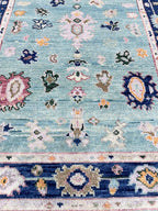 Hand Knotted Turquoise & Navy Blue Oushak Wool Rug