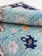 Hand Knotted Turquoise & Navy Blue Oushak Wool Rug