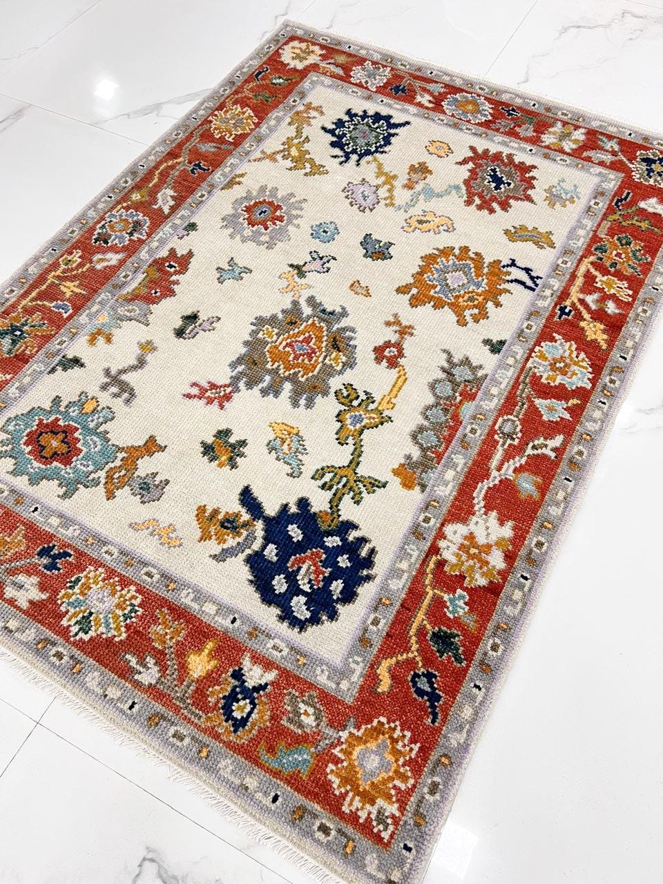 Ivory Red Oushak style Hand Knotted Rug - 4x6, 5x8, 6x9, 8x10, 9x12, 10x14 Handmade Contemporary Rug for Living Room made to order