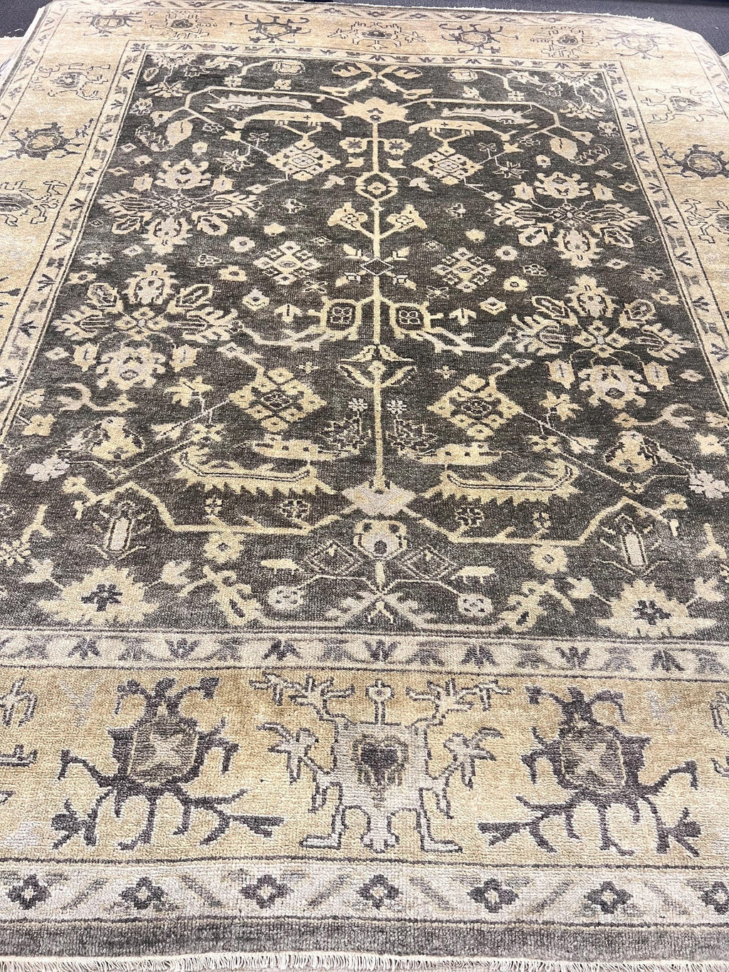 8x10 ft Vintage Charcoal & Sage Hand-Knotted Oushak Wool Rug