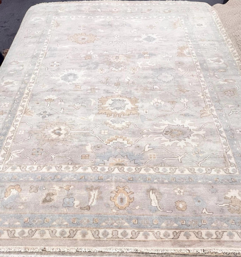 High-End 8x10 ft Hand-Knotted Wool Oushak Rug - Muted Gray & Beige