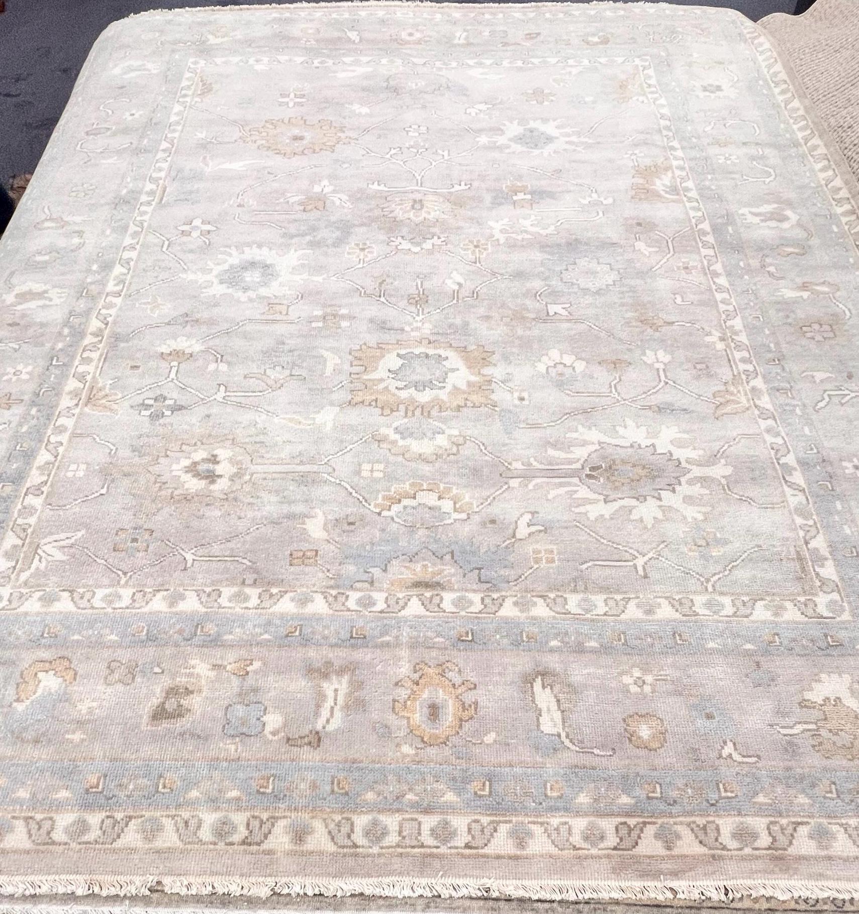 High-End 8x10 ft Hand-Knotted Wool Oushak Rug - Muted Gray & Beige