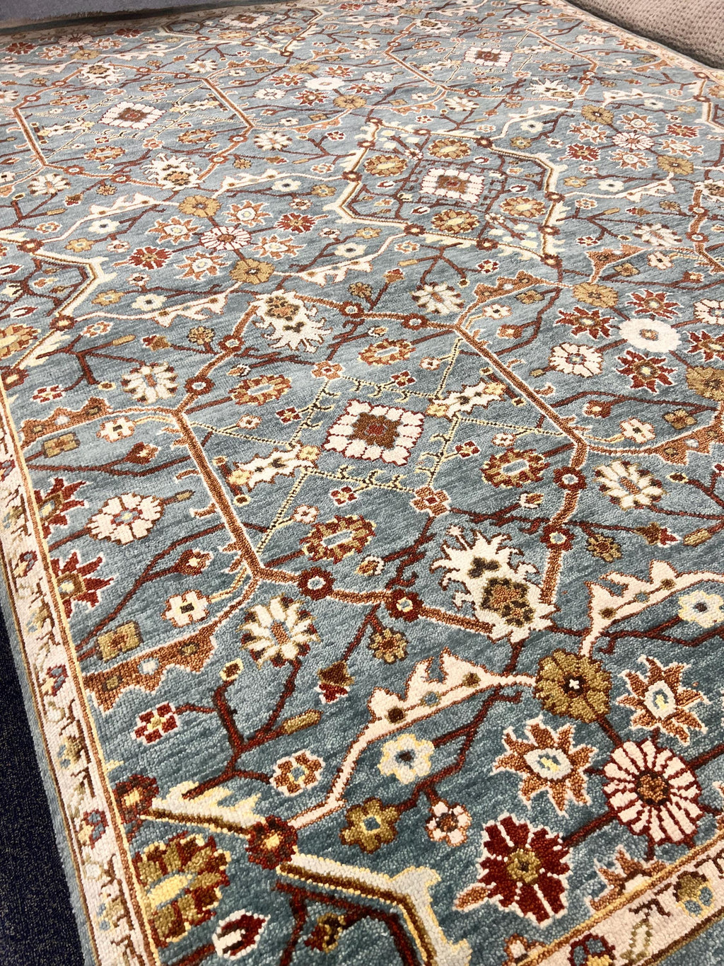 Hand-Knotted Persian Style Wool Rug – Slate Blue & Terracotta