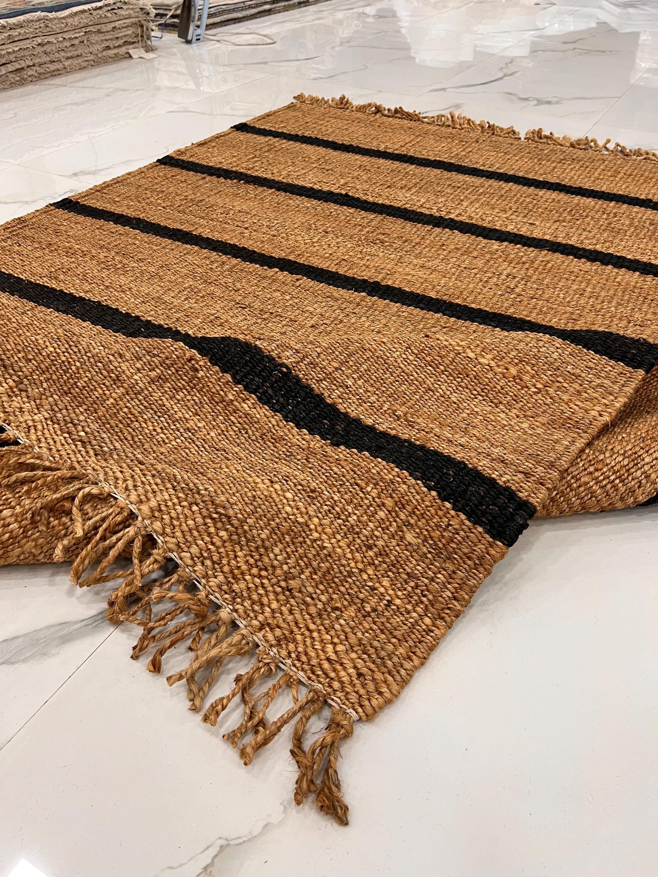 Modern black Striped Jute Rug | 5.8x7.7 ft Black & Natural Area Mat | Hand-Woven Farmhouse, Boho, or Scandinavian Floor Decor