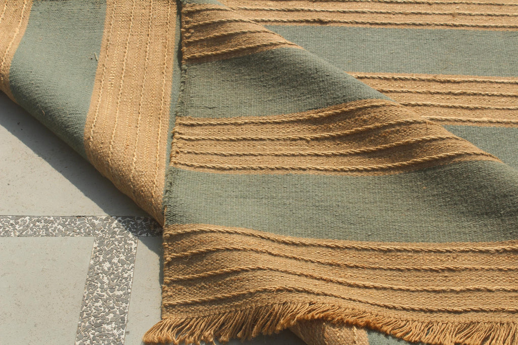 Handwoven Striped Jute Rug - 5x8 ft Natural & Aqua Boho Area Rug
