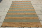 Handwoven Striped Jute Rug - 5x8 ft Natural & Aqua Boho Area Rug
