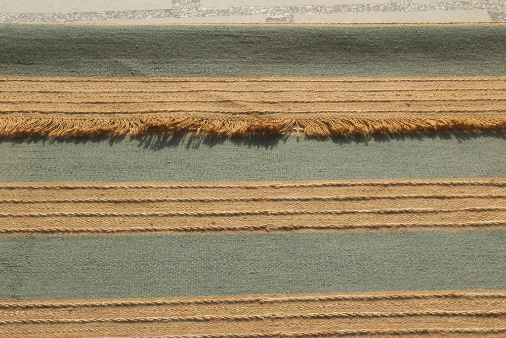 Handwoven Striped Jute Rug - 5x8 ft Natural & Aqua Boho Area Rug