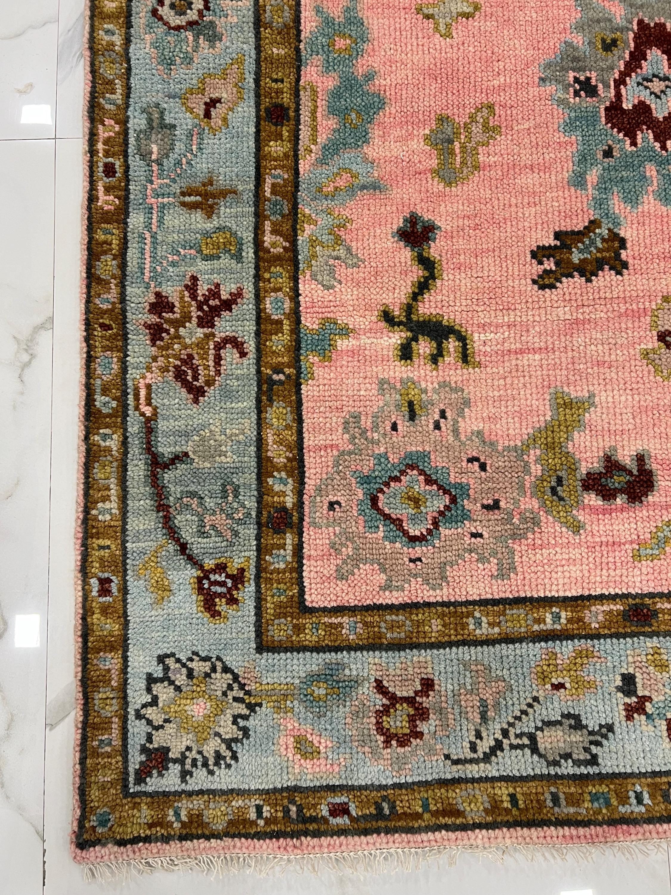 Multicolor Indian Handmade Luxurious Oushak Rug 4x6, 5x8, 6x9, 8x10, 9x12, 10x14 ft Hand knotted Pink Blue Wool Rugs for Living Room,Bedroom