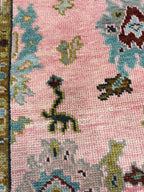 Hand knotted pink Oushak Rug – Custom Pastel Pink & Sky Blue