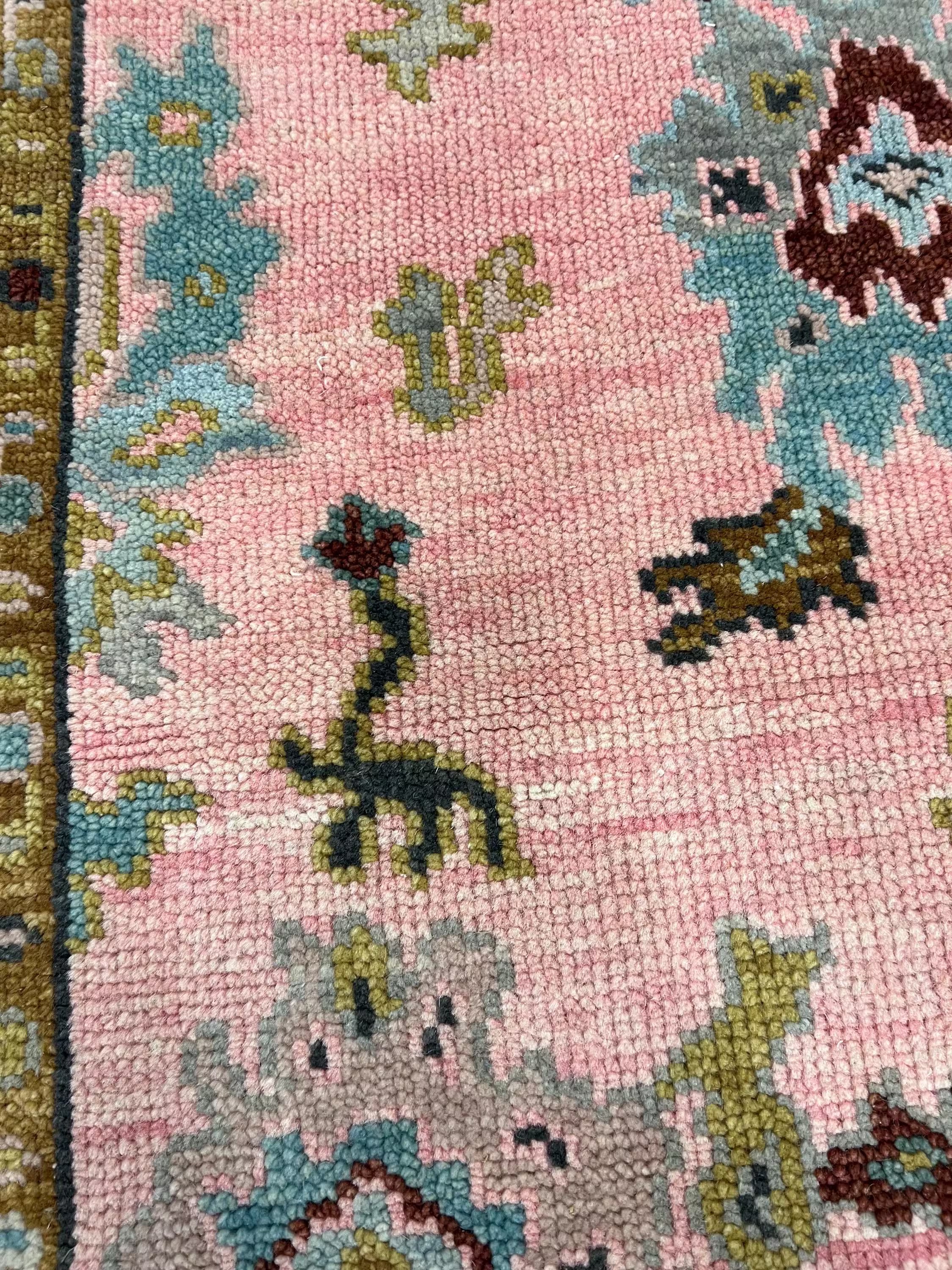 Hand knotted pink Oushak Rug – Custom Pastel Pink & Sky Blue