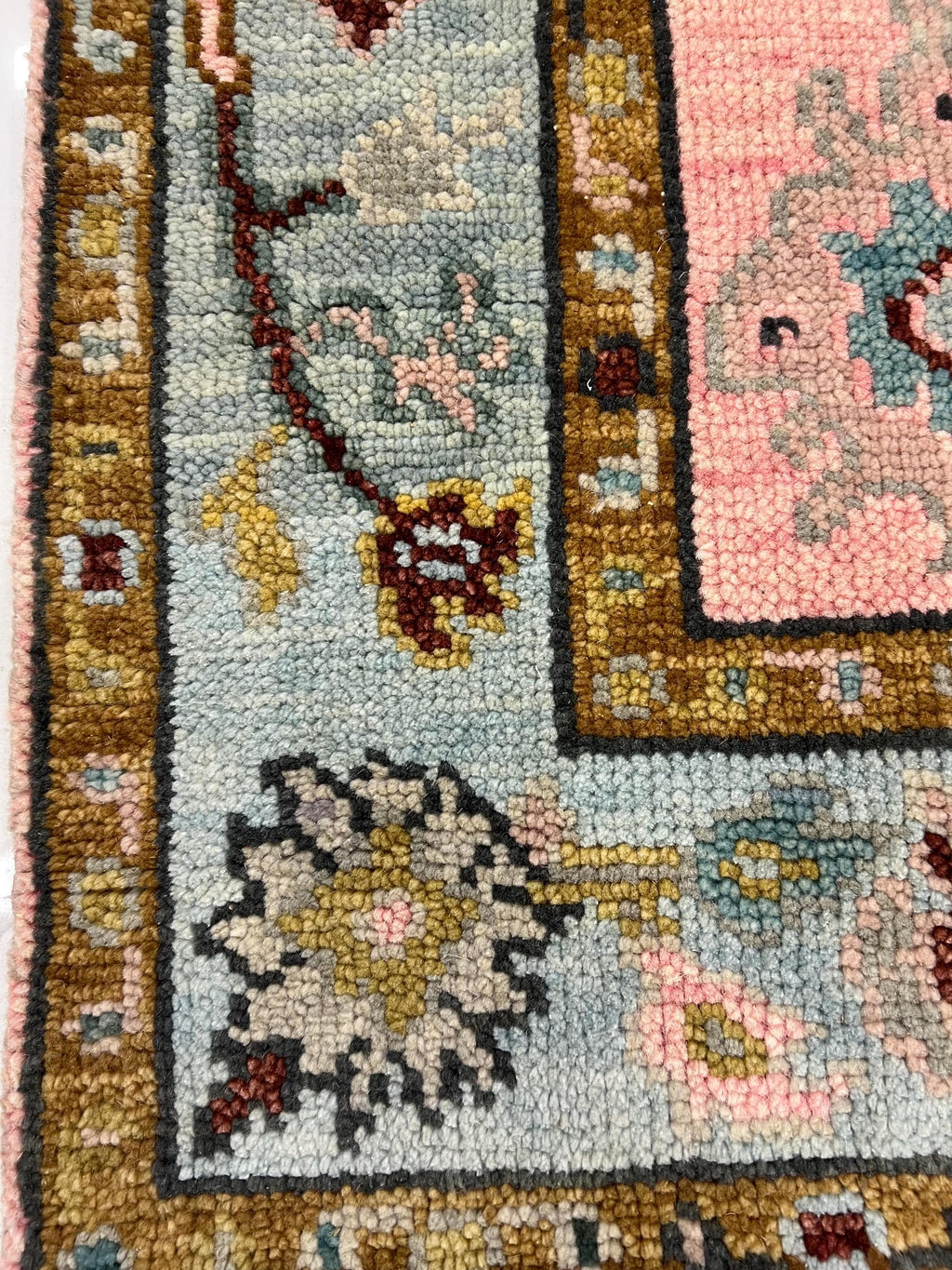 Hand knotted pink Oushak Rug – Custom Pastel Pink & Sky Blue