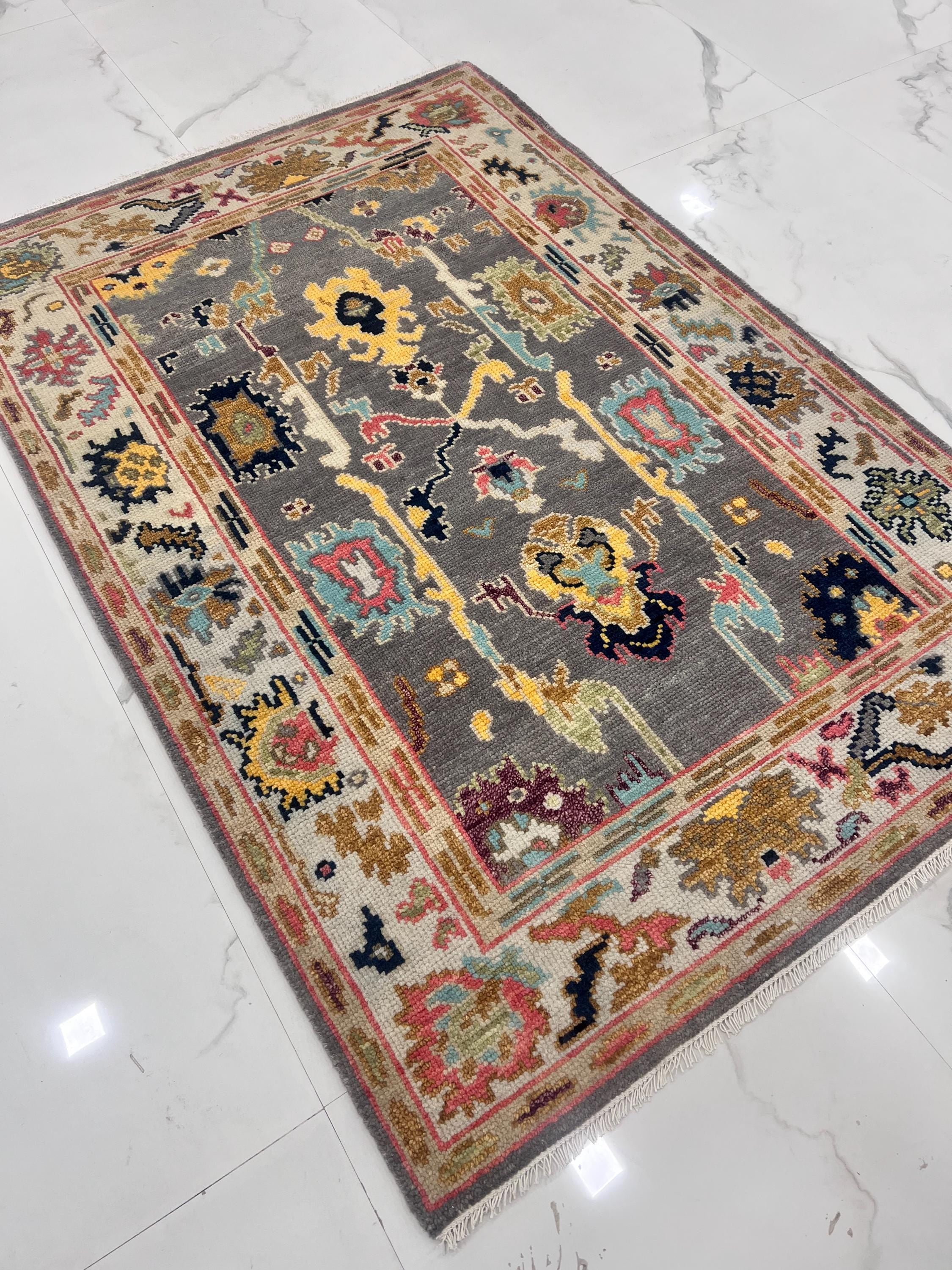 Hand-Knotted Oushak Wool Rug-Modern Charcoal & Vibrant Pastel Palette-Luxury Turkish Style Area Rug Custom size 4x6,5x8, 6x9,8x10,9x12,10x14