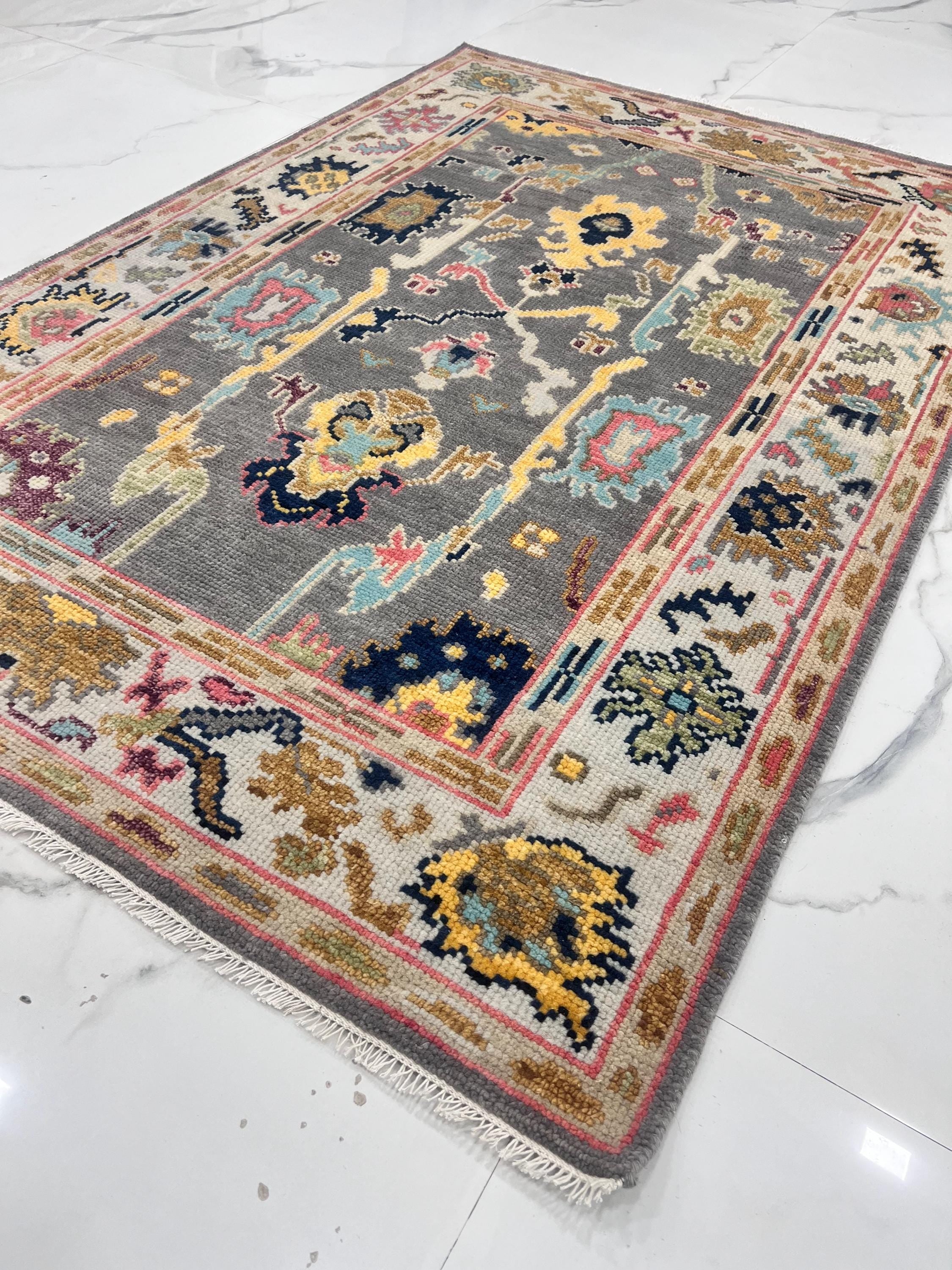 Hand-Knotted Oushak Wool Rug-Modern Charcoal & Vibrant Pastel Palette-Luxury Turkish Style Area Rug Custom size 4x6,5x8, 6x9,8x10,9x12,10x14
