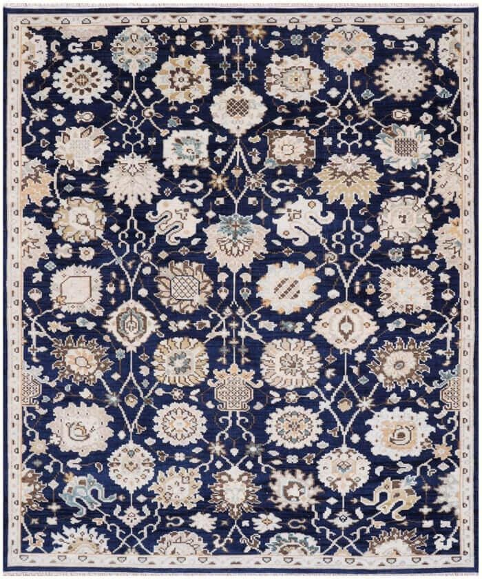 8x10, 9x12 Hand-Knotted Wool Area Rug, Traditional Design Navy Blue & Cream Handmade Transitional Rug for Living Room, Bedroom