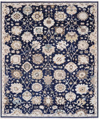 8x10, 9x12 Hand-Knotted Wool Area Rug, Traditional Design Navy Blue & Cream Handmade Transitional Rug for Living Room, Bedroom