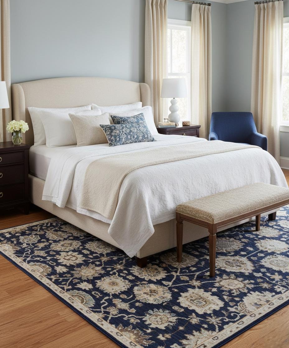 8x10, 9x12 Hand-Knotted Wool Area Rug, Traditional Design Navy Blue & Cream Handmade Transitional Rug for Living Room, Bedroom