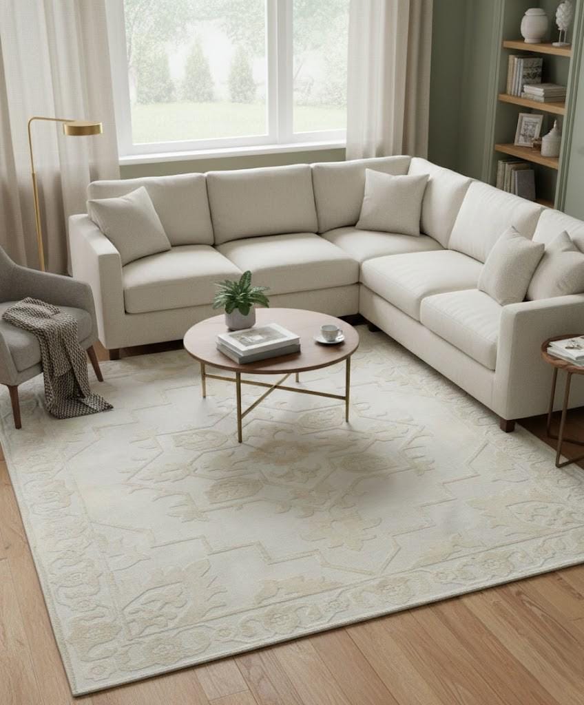 8x10 Hand-Knotted Wool Rug, Monochrome Ivory Tribal Geometric Area Rug, High-Low Textured Pile - Modern Organic Soft Carpet for Living Room