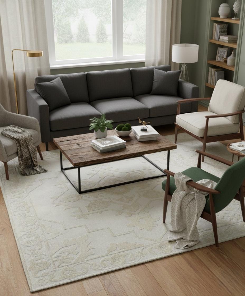 8x10 Hand-Knotted Wool Rug, Monochrome Ivory Tribal Geometric Area Rug, High-Low Textured Pile - Modern Organic Soft Carpet for Living Room