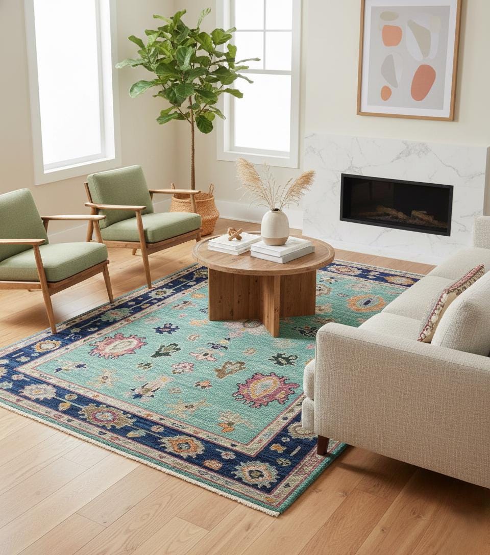 Hand Knotted Turquoise & Navy Blue Oushak Wool Rug