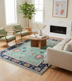 Hand Knotted Turquoise & Navy Blue Oushak Wool Rug