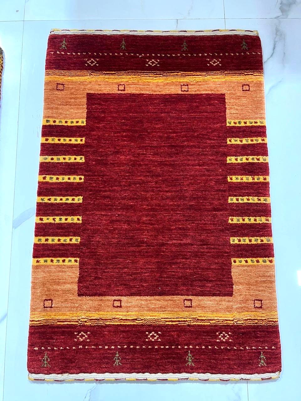 2x3 ft Colorful yellow, green, blue, brown Gabbeh Rug -Hand-Knotted Wool- Modern Tribal Bath Mats or Entryway Rugs Christmas Rug/Gift
