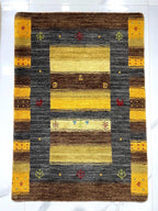 2x3 ft Colorful yellow, green, blue, brown Gabbeh Rug -Hand-Knotted Wool- Modern Tribal Bath Mats or Entryway Rugs Christmas Rug/Gift