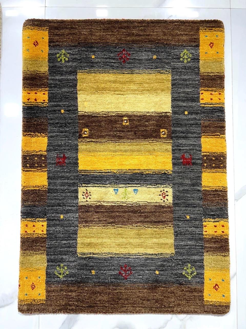2x3 ft Colorful yellow, green, blue, brown Gabbeh Rug -Hand-Knotted Wool- Modern Tribal Bath Mats or Entryway Rugs Christmas Rug/Gift