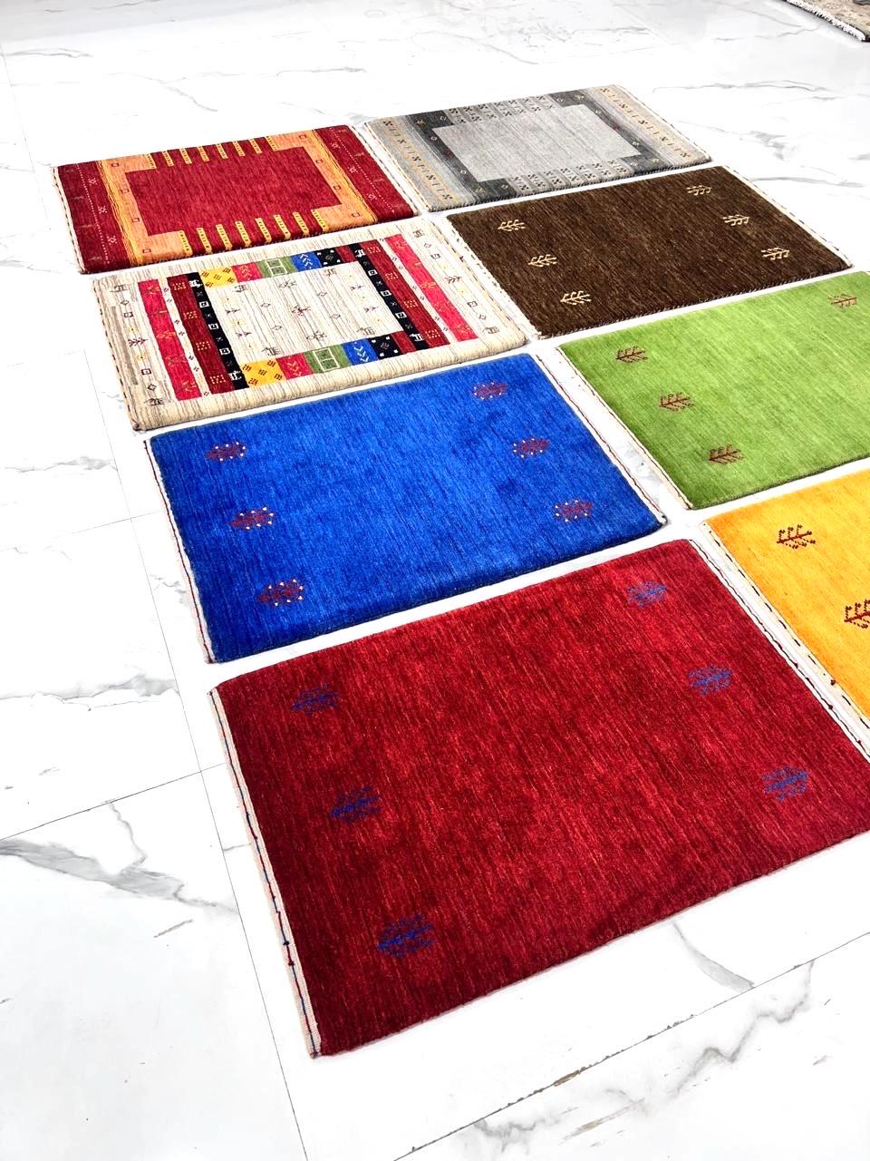2x3 ft Colorful yellow, green, blue, brown Gabbeh Rug -Hand-Knotted Wool- Modern Tribal Bath Mats or Entryway Rugs Christmas Rug/Gift