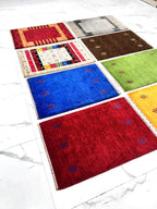 2x3 ft Colorful yellow, green, blue, brown Gabbeh Rug -Hand-Knotted Wool- Modern Tribal Bath Mats or Entryway Rugs Christmas Rug/Gift