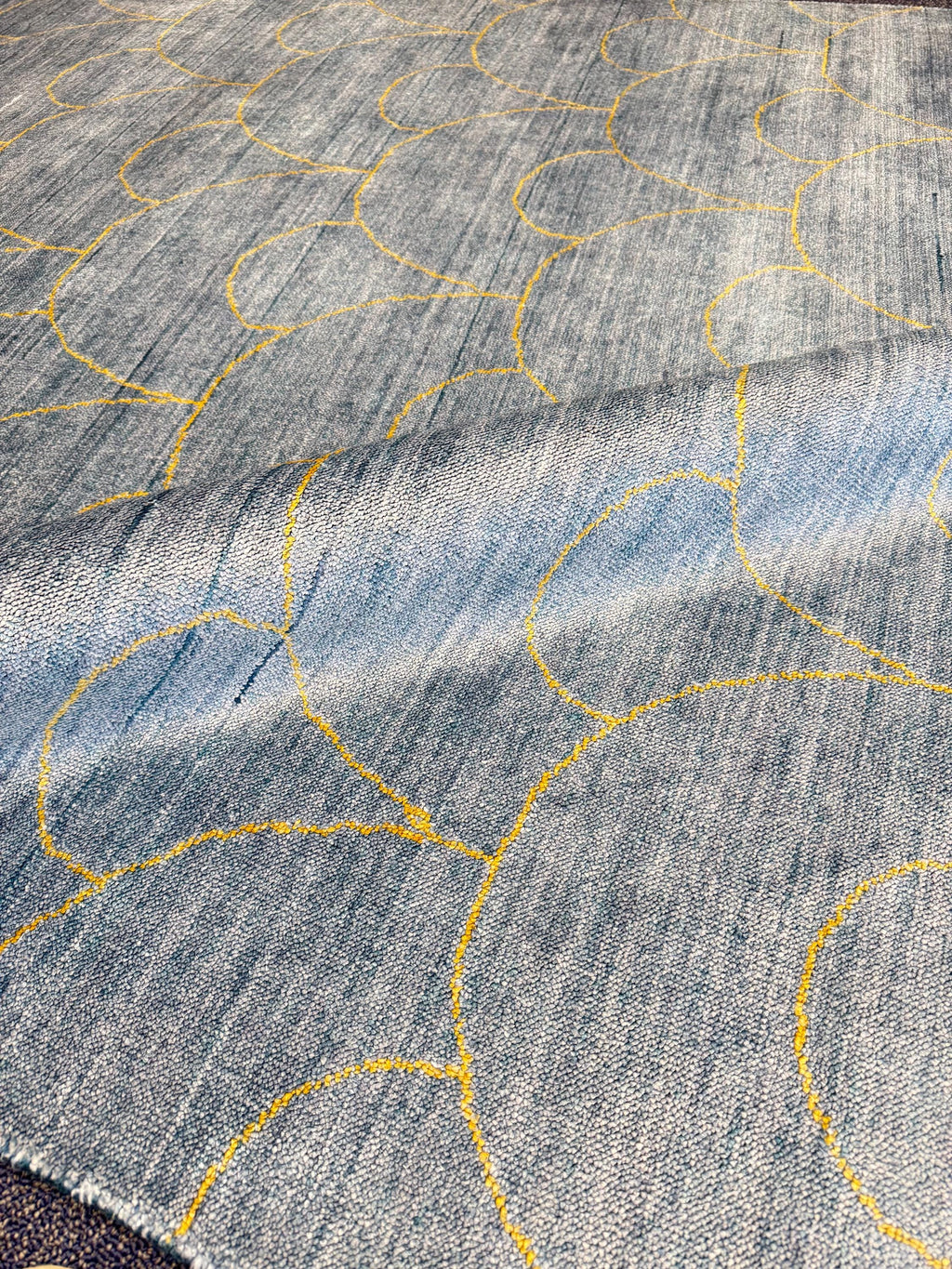 5x8 Ocean Blue Gold Wool Silk Rug - Hanmade Mermaid Scale Area Rug - Dual-Tone Shimmer Rug - Modern 5x8 Living Room Rug - Hand Woven Carpet