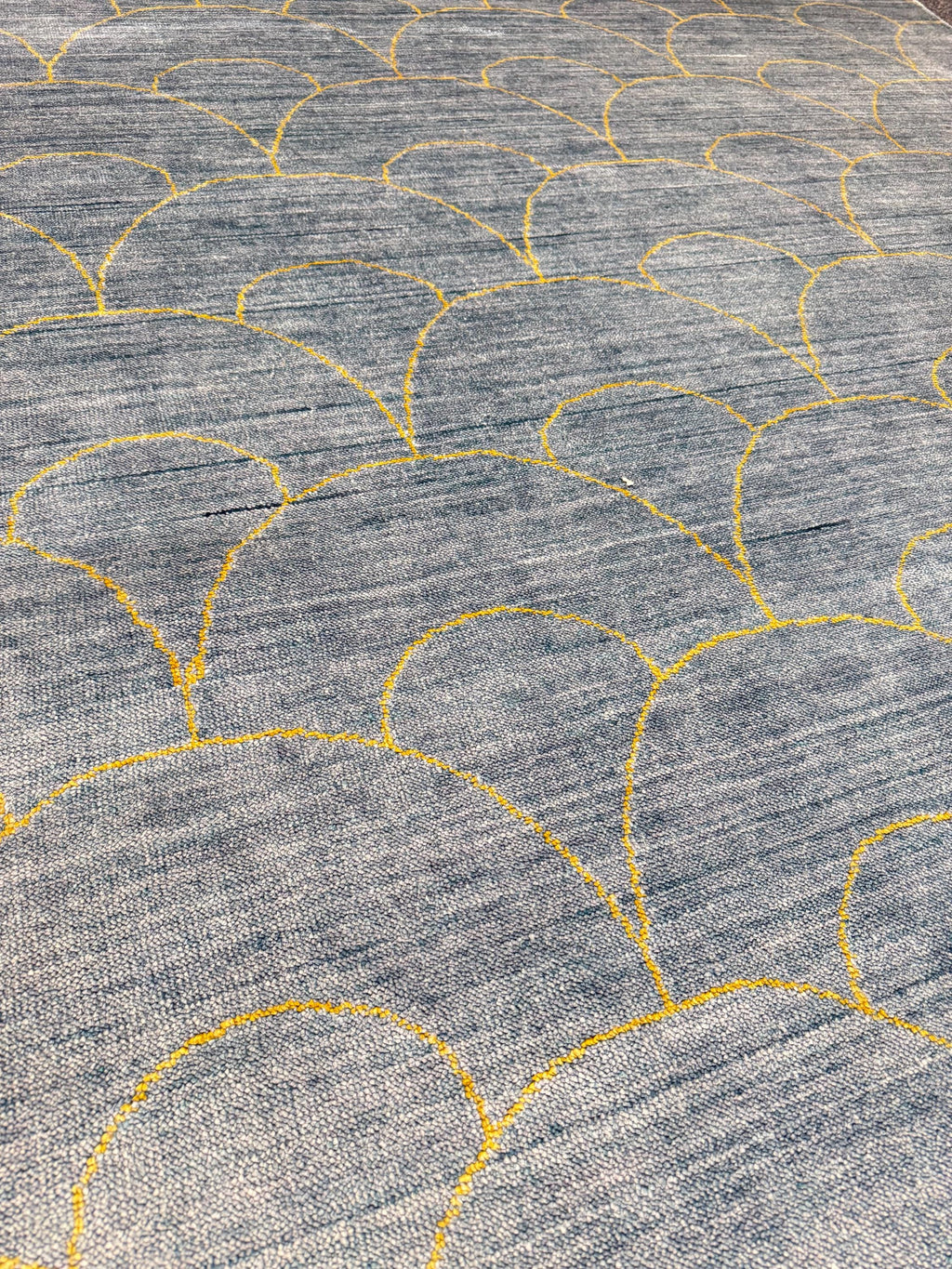 5x8 Ocean Blue Gold Wool Silk Rug - Hanmade Mermaid Scale Area Rug - Dual-Tone Shimmer Rug - Modern 5x8 Living Room Rug - Hand Woven Carpet