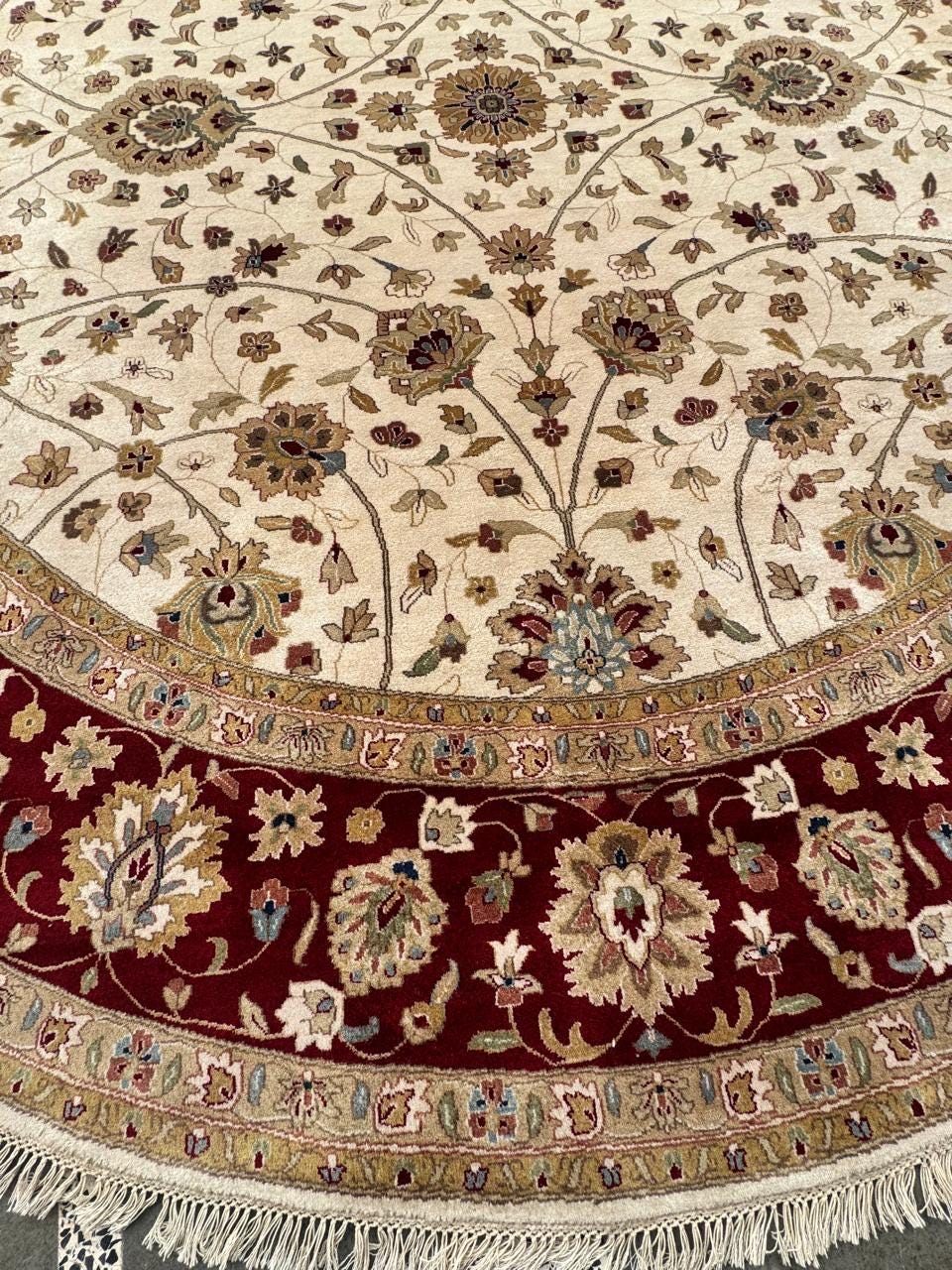 9x9 Hand-Knotted Round Wool Rug, Exquisite Medallion Design in Cream & Royal Burgundy Traditional Floral Oriental vintage Area Rug