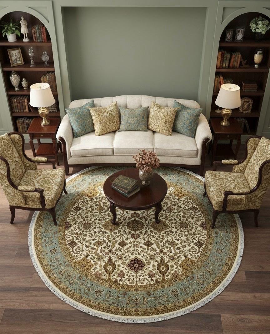 Hand-Knotted Round Wool area Rug -Vintage Floral Medallion Rug in Sage & Ochre- 6x6,  8x8 ft handwoven Floral Rug with Fringes