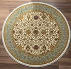 6 ft Round Vintage Floral Medallion Rug in Sage & Ochre- Floral Rug with Fringes