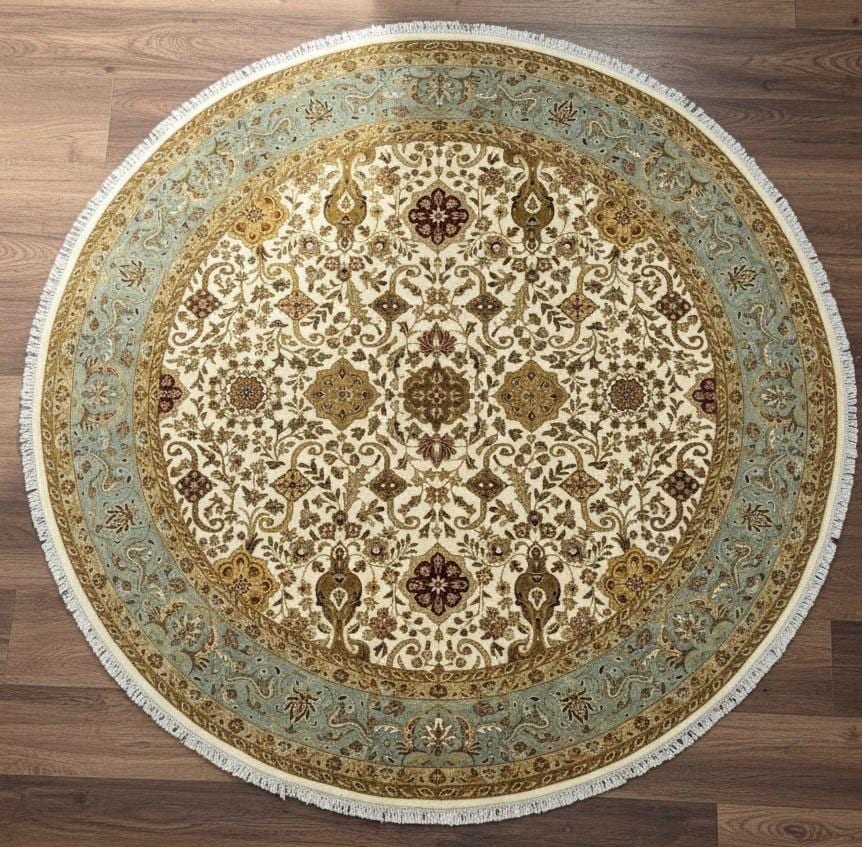 Hand-Knotted Round Wool area Rug -Vintage Floral Medallion Rug in Sage & Ochre- 6x6,  8x8 ft handwoven Floral Rug with Fringes