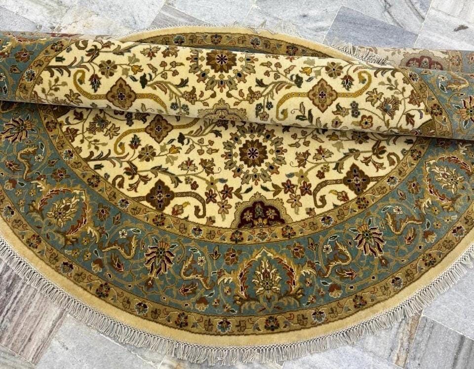 Hand-Knotted Round Wool area Rug -Vintage Floral Medallion Rug in Sage & Ochre- 6x6,  8x8 ft handwoven Floral Rug with Fringes