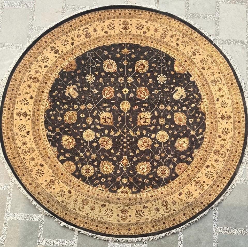 10x10 Round Hand-Knotted NZ Wool and Silk Rug - Traditional Floral Mandala Area Carpet - Large Circular Persian Style Rug for Dining Room