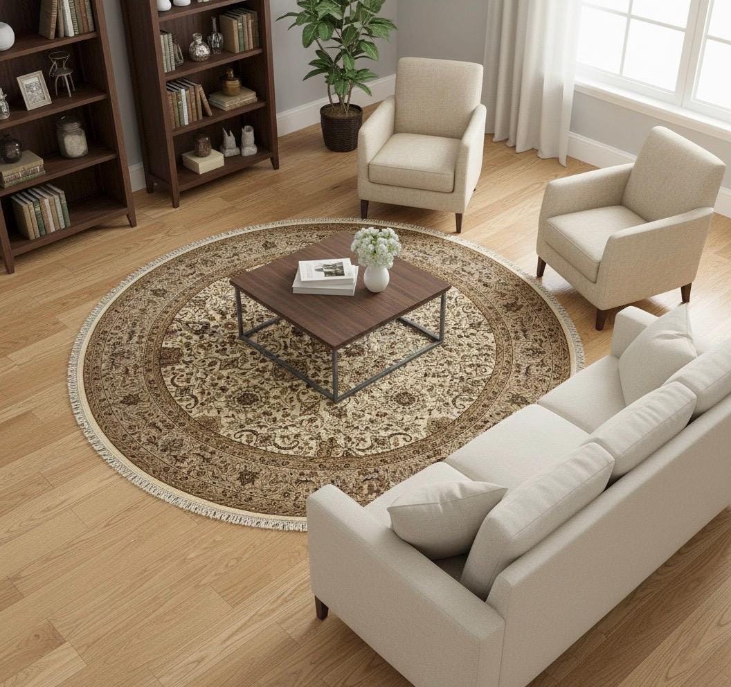 Hand-Knotted Round Wool area Rug -Vintage Floral Medallion Rug in Ivory & Camel 8x8 ft handwoven Floral Rug with Fringes