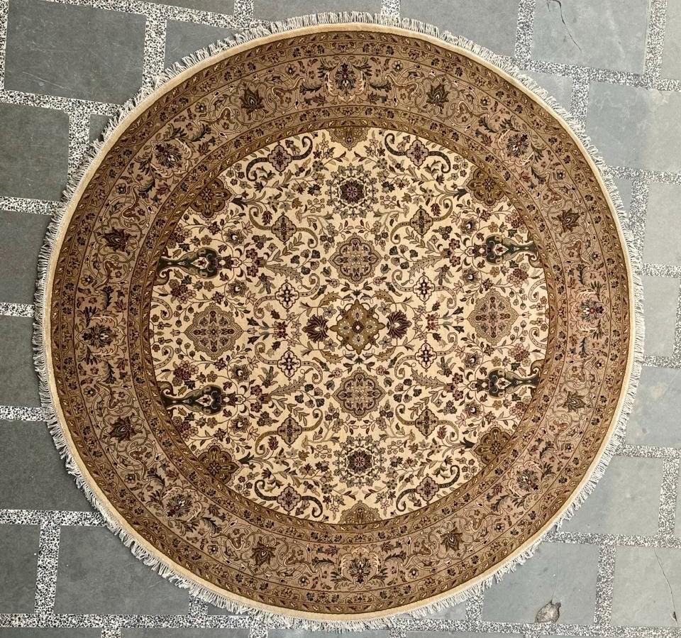 Hand-Knotted Round Wool area Rug -Vintage Floral Medallion Rug in Ivory & Camel 8x8 ft handwoven Floral Rug with Fringes