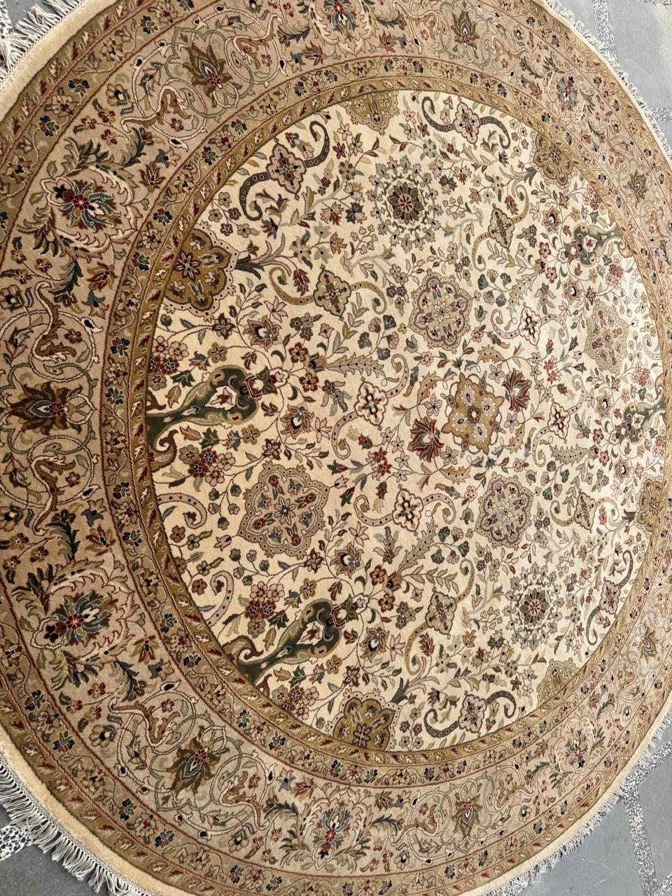 Hand-Knotted Round Wool area Rug -Vintage Floral Medallion Rug in Ivory & Camel 8x8 ft handwoven Floral Rug with Fringes