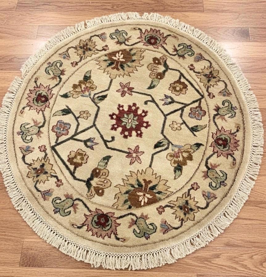3x3 Hand-Knotted Wool Area Rug - Round Floral Medallion Rug - Small Traditional Beige & Burgundy Circle Rug - Authentic Handmade Accent Rug