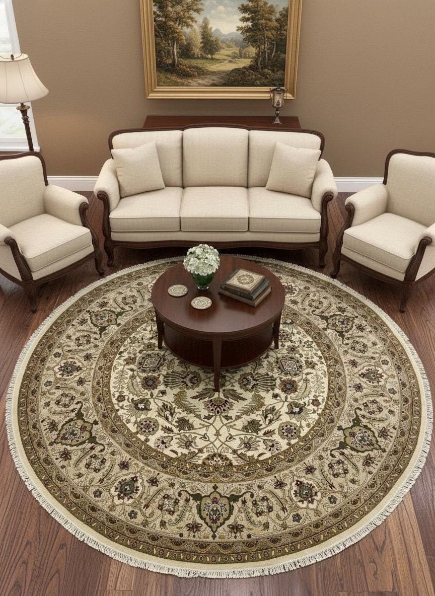 8x8 Round Hand-Knotted Wool Rug - Authentic Persian Style ivory camel - Traditional Floral Medallion Area Rug - High-End Living Room