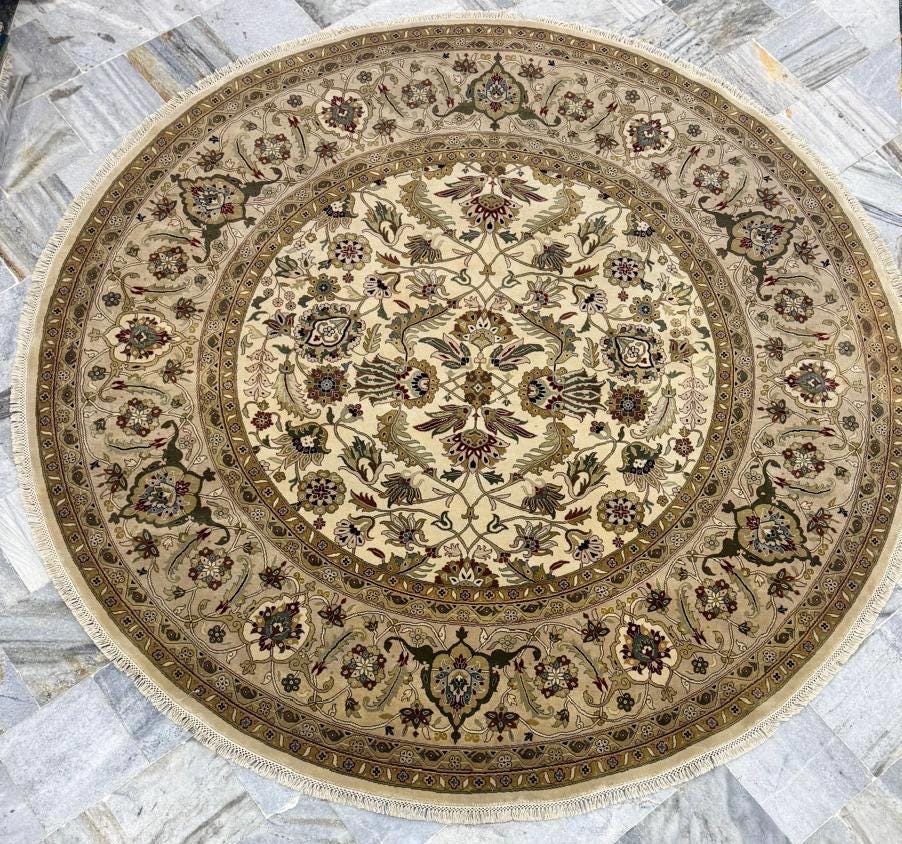 8x8 Round Hand-Knotted Wool Rug - Authentic Persian Style ivory camel - Traditional Floral Medallion Area Rug - High-End Living Room