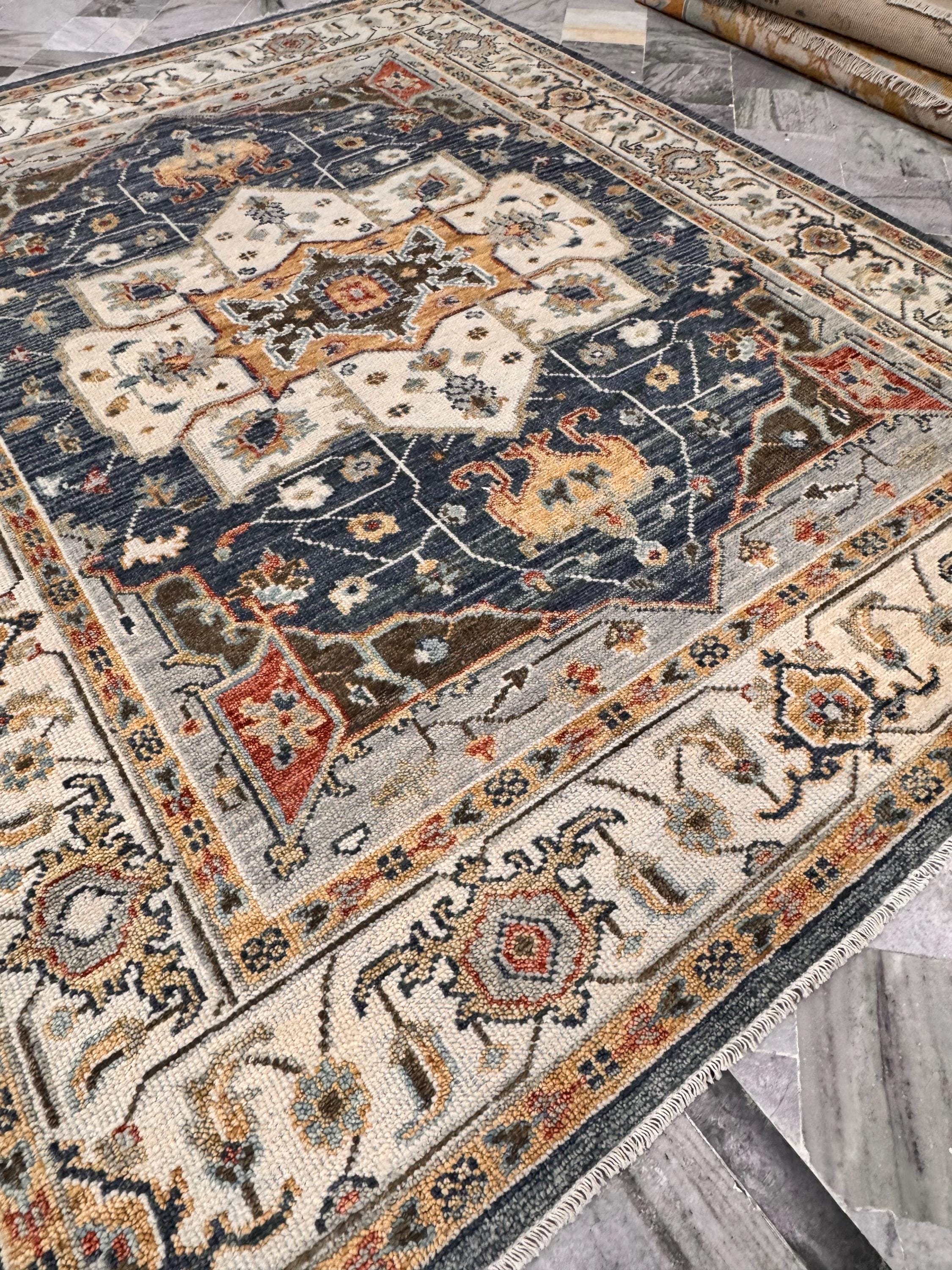 8x10 Hand-Knotted Mid-Century Modern Area Rug | Earthy Blue, Sage Green & Cream
