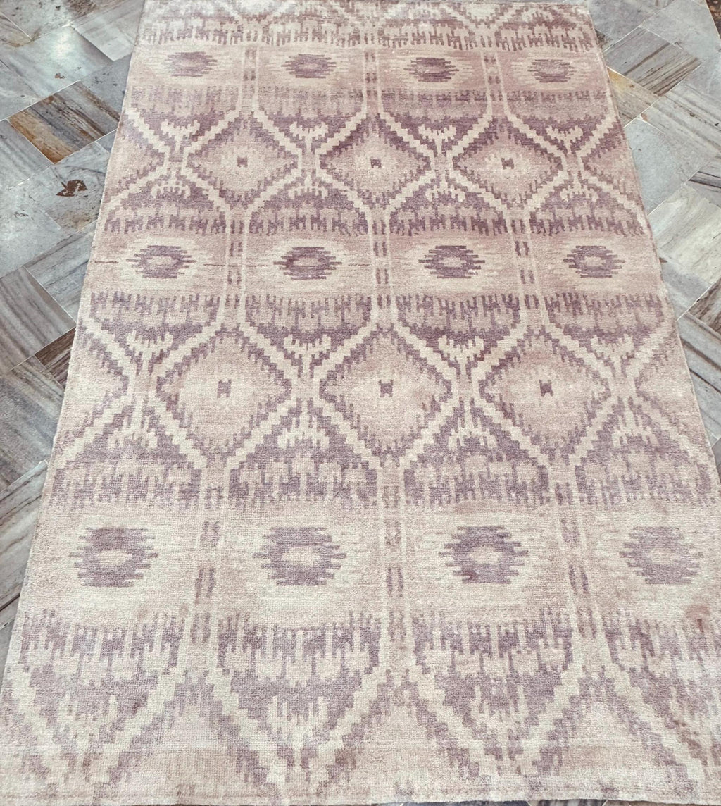 5x8 Modern Hand-Knotted Wool Silk Area Rug Geometric Tribal Oushak Style Neutral Beige-Taupe Soft Pile Carpet Luxury Handcrafted Home Decor