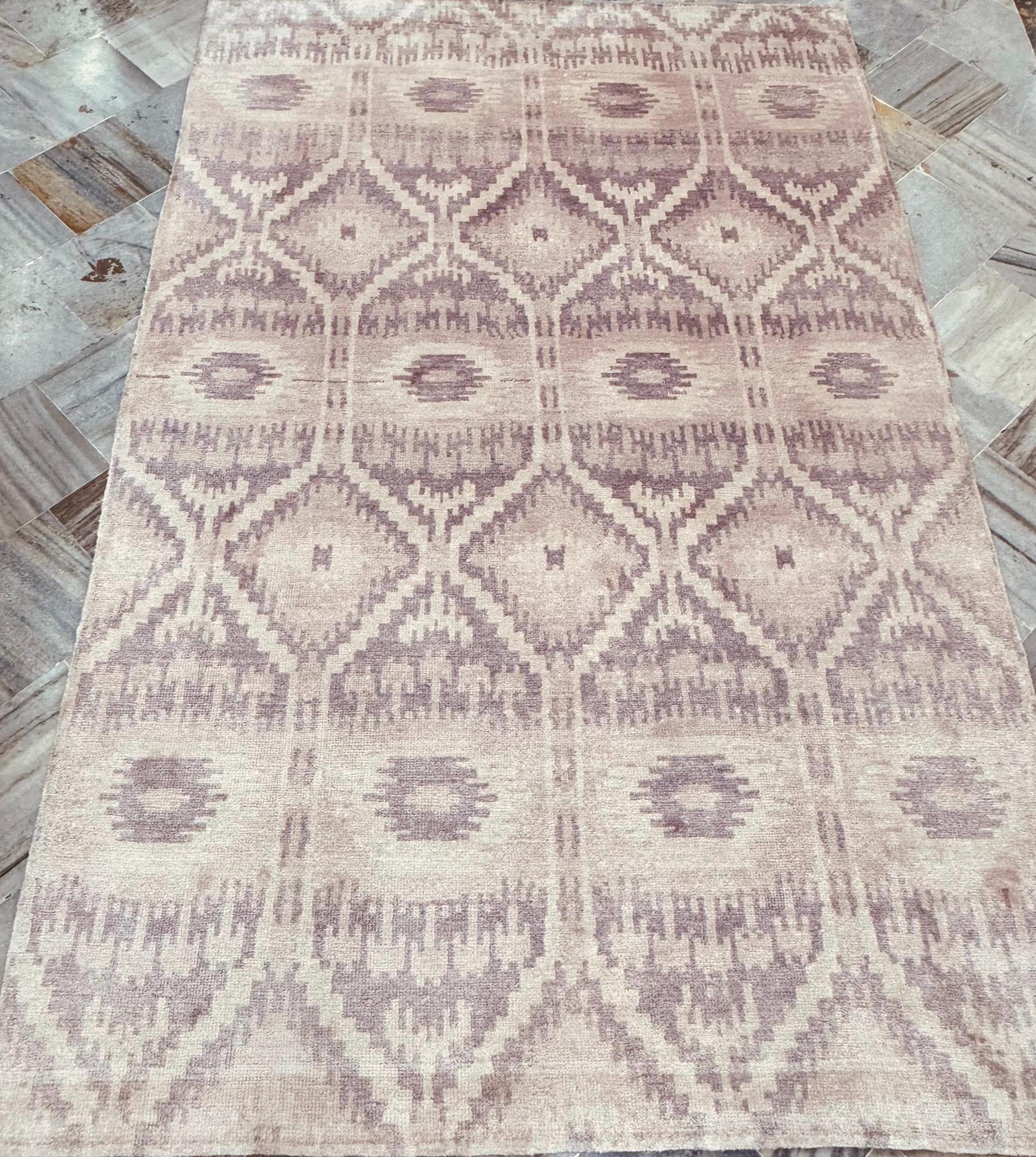 5x8 Modern Hand-Knotted Wool Silk Area Rug Geometric Tribal Oushak Style Neutral Beige-Taupe Soft Pile Carpet Luxury Handcrafted Home Decor