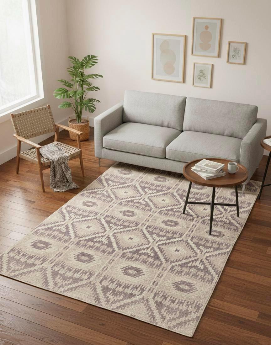 5x8 Modern Hand-Knotted Wool Silk Area Rug Geometric Tribal Oushak Style Neutral Beige-Taupe Soft Pile Carpet Luxury Handcrafted Home Decor