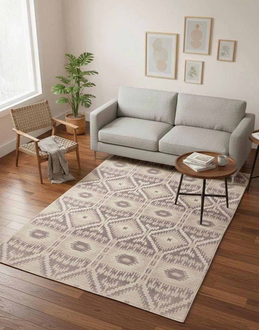5x8 Modern Hand-Knotted Wool Bamboo Silk Area Rug Geometric Tribal Oushak Style Neutral Beige-Taupe Soft Pile Luxury Handcrafted Home Decor