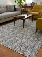 Modern Hand-Knotted Wool Rug - 6x9 (5'10" x 8'10") Geometric Maze Design Black and White Textured Area Rug Contemporary Neutral Home Decor