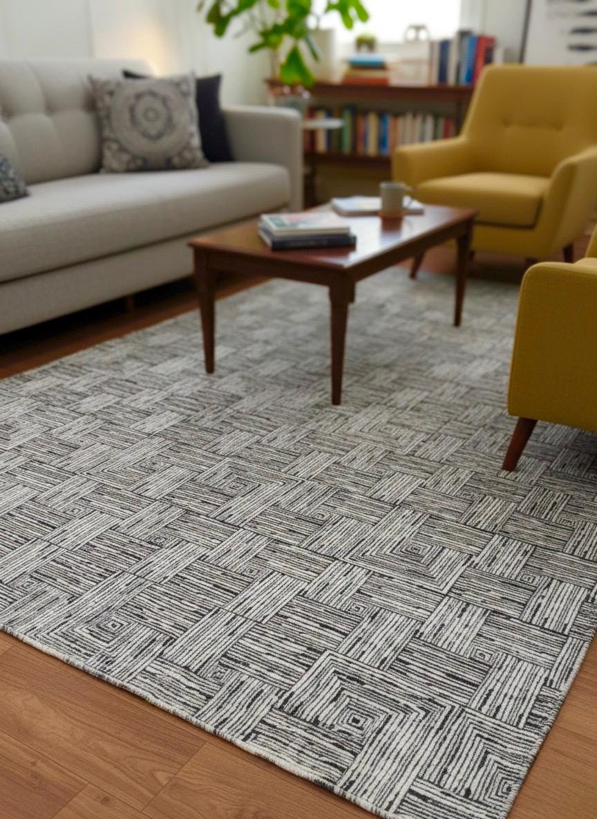 Modern Hand-Knotted Wool Rug - 6x9 (5'10" x 8'10") Geometric Maze Design Black and White Textured Area Rug Contemporary Neutral Home Decor